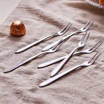 

6Pcs Stainless Steel Two-tine Fork set Fruit Fork Tableware Multiple Use Snack Cake Dessert Forks Cafeteria Home Flatware