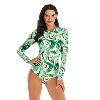 

High Waist Women Swimsuit Padded Long Sleeve Swimwear Avocado Print Zipper Beachwear Bathing Suit Monokini Green Plus size