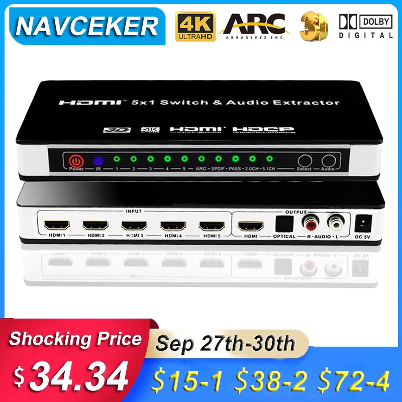 

Navceker 2023 4K 1.4 HDMI Switch 5x1 HDMI Switch Audio Extractor ARC & IR 5 Port HDMI Switch Remote 4K For PS4 PS3 Apple TV XBox