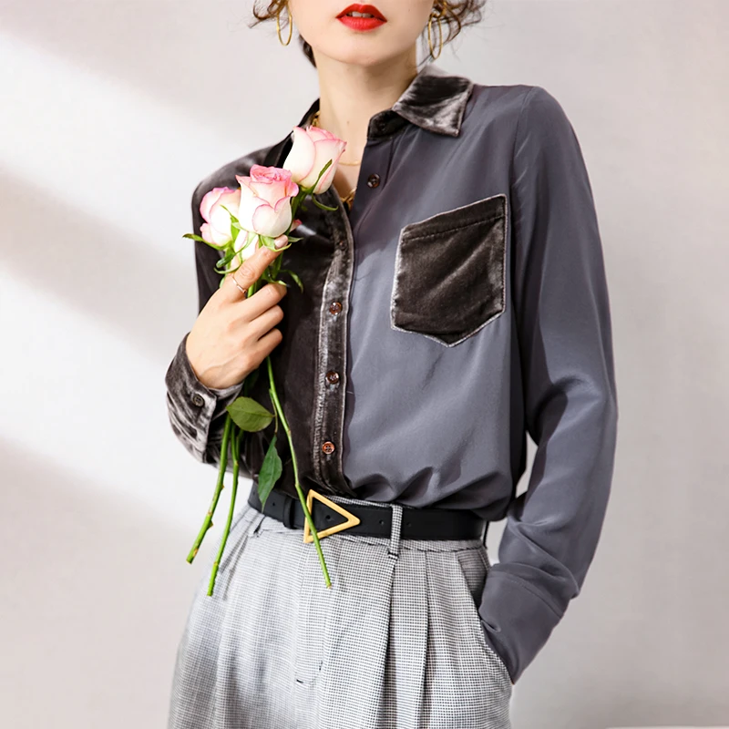 100% Silk Women's Runway Shirts Turn Down Collar