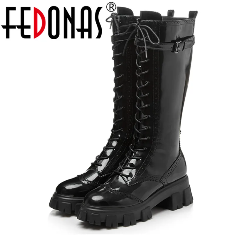 Женские сапоги до середины икры FEDONAS черные из натуральной кожи на платформе с