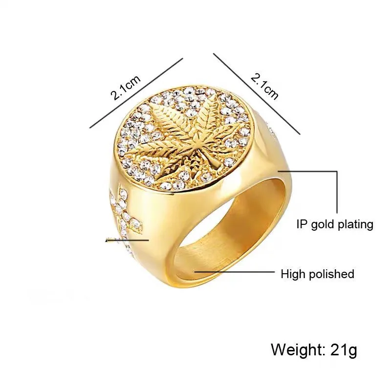 Хип-хоп кленовый лист кольцо перстень микро проложили Стразы Iced Out Bling для мужчин мужской золотой цвет панк рок ювелирные изделия