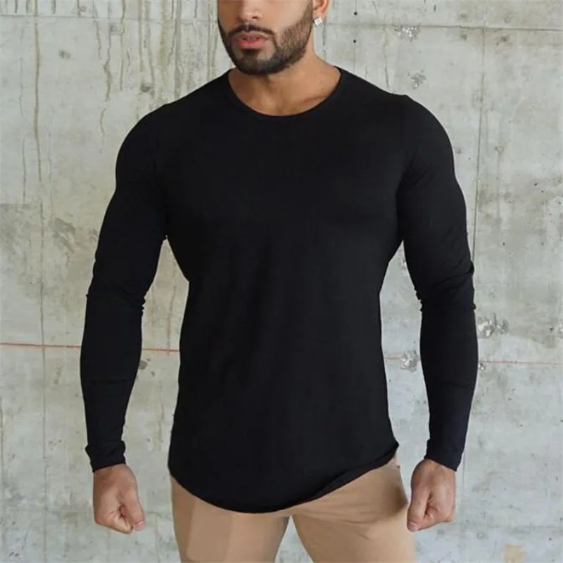 

Mens sports fitness training longsleeved pure cotton Oneck Slim solid color breathable training suit Slim casual bottoming shirt