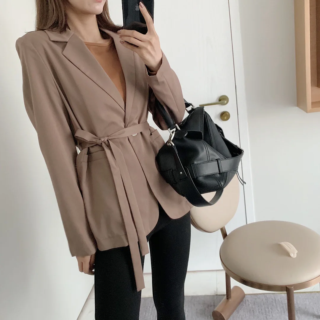 

2019 Early Autumn New Style WOMEN'S Dress Waist Hugging Slimming Lace-up Small Suit Back Slit Belt Suit Coat Women's