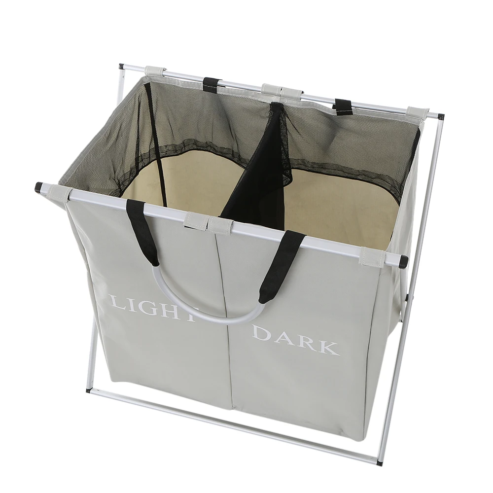 Foldable X-frame Oxford Laundry Basket Hamper Mesh Drawstring Dirty Clothes Bin Organizer with Detachable Frames 2 Sections