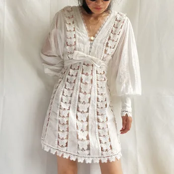 

2020 Early Autumn Women Mini Dress V-neck lace butterfly embroideried Lantern Sleeve female Bow Tie Short Dresses