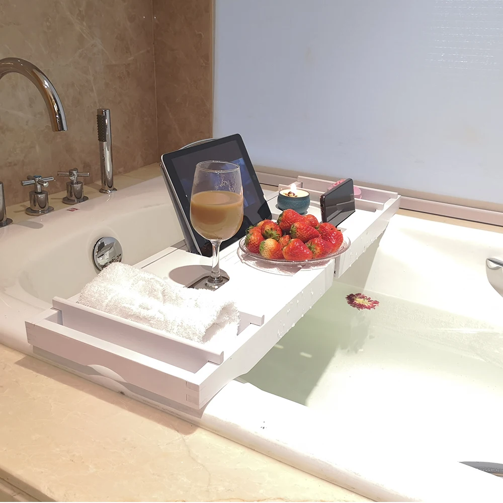 Extendable Bamboo Bathtub Tray Caddy Spa Bath Organizer Rack Bath Tray Bathroom Book Wine Tablet Holder Reading Shelf
