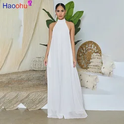 HAOOHU Spring Women Chiffon Halter Backless Jumpsuits Loose Style Long Overalls Elegant Party Club Wide Leg Jumpsuit HAOOHU Spring Women Chiffon Halter Backless Jumpsuits Loose Style Long Overalls Elegant Party Club Wide Leg Jumpsuit