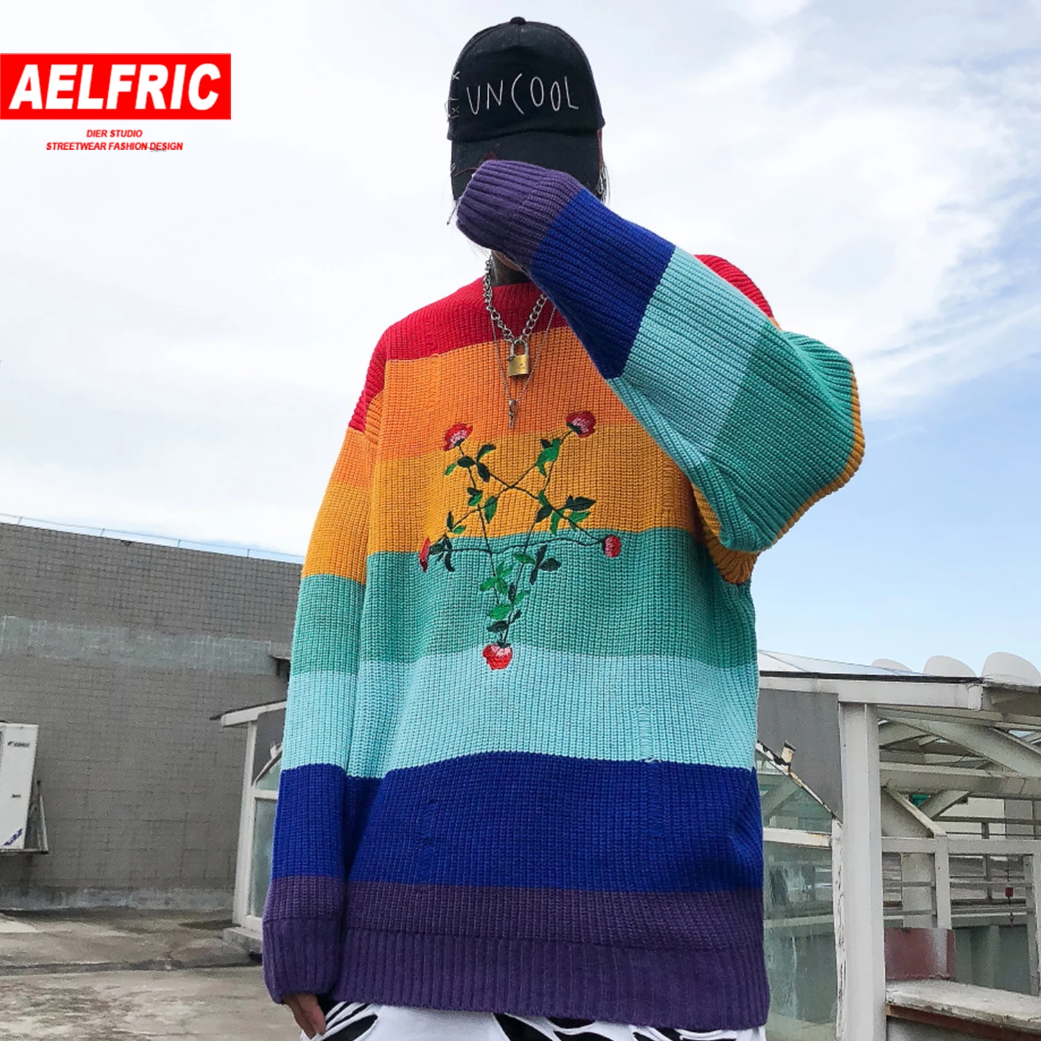 

AELFRIC Patchwork Pentagram Embroidered Knitwear Pullover Men 2019 Harajuku Streetwear Color Clock Autumn Fashion Casual Sweater