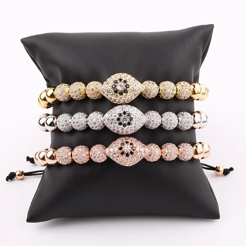 New Design Luxury Men Bracelet Jewelry Gold Plated CZ Pave Fat Eye Charm Beaded Macrame Adjustable Bracelet Women