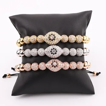 New Design Luxury Men Bracelet Jewelry Gold Plated CZ Pave Fat Eye Charm Beaded Macrame Adjustable Bracelet Women