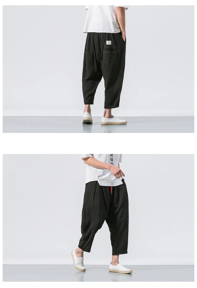 JDDTON New Men Summer Cotton Linen Harem Pants Fashion Low Gear Baggy Casual Loose Cropped Pants Drawstring Male Trousers JE076 high waisted harem pants