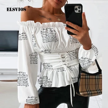 

Sexy Off Shoulder Ruffle Letter Print Blouses Shirt 2020 Summer Backless Lantern Long Sleeve Tops Casual Lace-up Bandage Blusas