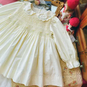 

Baby Girl Spring Summer Autumn Long Sleeve Yellow Handmade Smoking Dress