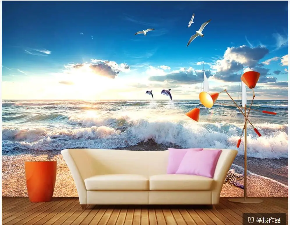 

wall paper 3 d home decor custom mural Sea beach waves seagulls dolphins landscape photo wallpaper in the living room
