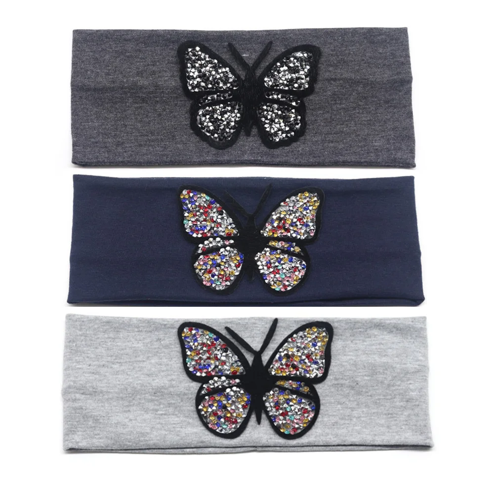 Women's Butterfly Headbands Summer Fashion Rhinestone Stretchy Head Band for Girls Lady Cotton Solid Bandage Hair Accessories