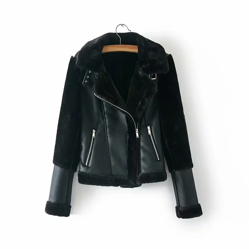 

Black Pu Leather Jacket Woman Leather Jackets 2019 Zipper Lambs Wool Collar Leather Coat Short Faux Leather Biker Moto Jacket