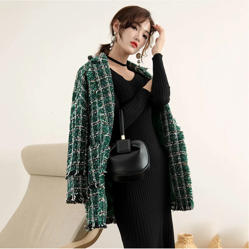 

LANMREM 2019 Plaid Jacket Female Long Section Retro Dark Green Tweed Temperament Loose Warm Long-sleeved Woolen Coat 19B-a136