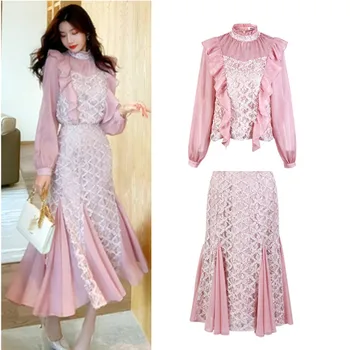 

Women Elegant Clothing Set Skirt Set Loose Long Lantern Sleeve Blouse Tops and Ruffles Lace Spliced Sexy Skirts Suits NS161