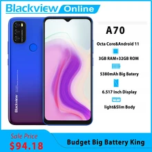 Blackview A70 Android 11 смартфон 5380 мАч большая Батарея Octa Core, 3 Гб оперативной памяти, Оперативная память + 32 ГБ Встроенная память 6,517 дюймов Дисплей 13MP...