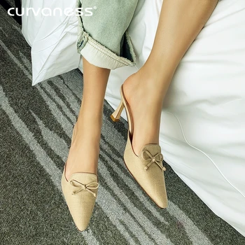 

Curvaness Women Designer Slippers 2020 Summer Casual Pointed Toe Half Flats Slipper Outdoor House Shoes Butter-bow Mules 33-41
