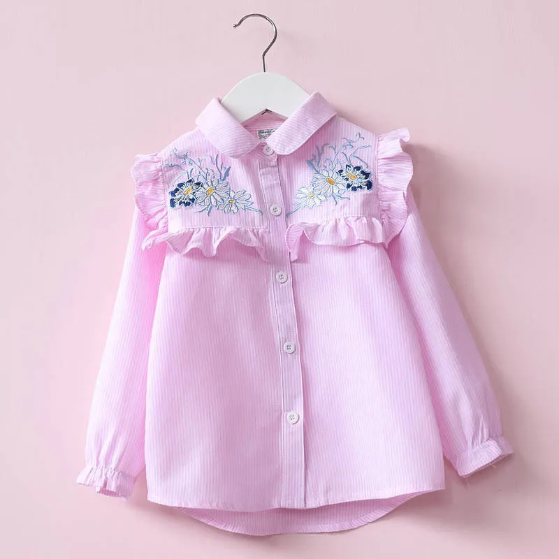 

Children Spring And Autumn Shirt 2019 New Style Girls Long Sleeve Stripes Embroidered Shirt Children Flounced Tops