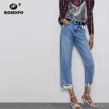 ROHOPO, потертые водой хлопковые джинсы, женские осенние потертые снизу, синие джинсовые винтажные штаны#1098