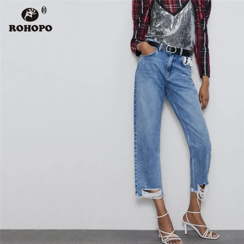 

ROHOPO Water Washed Cotton Jeans Female Autumn Distressed Bottom Blue Denim Vintage Bottoms #1098