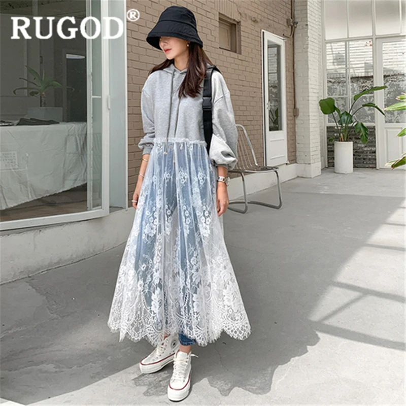 RUGOD длинное платье с капюшоном для женщин элегантное свободное и кружевным