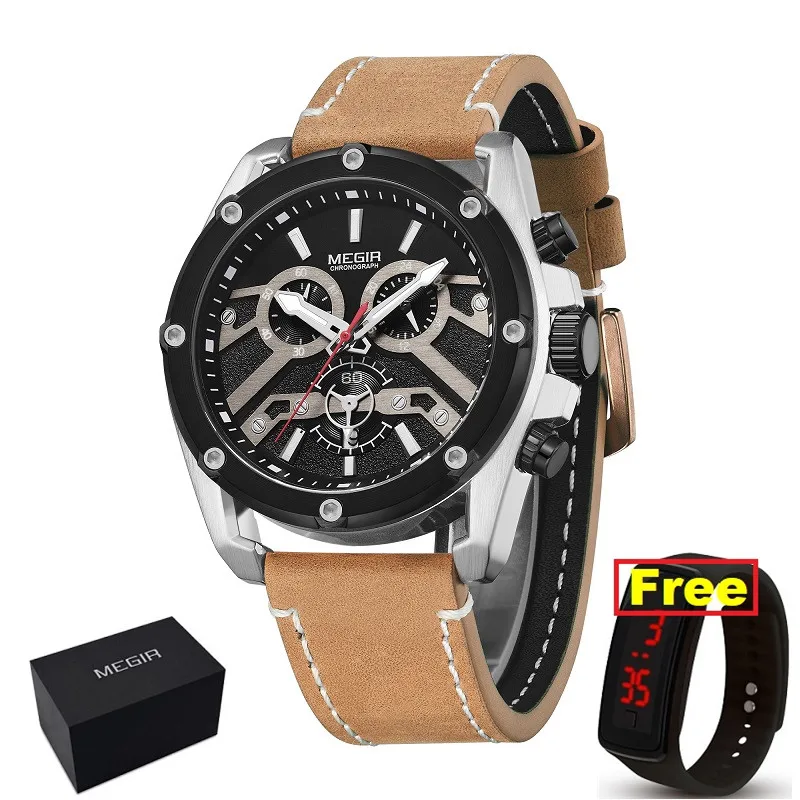 MEGIR, мужские модные спортивные часы, мужские кварцевые часы с хронографом, мужские кожаные военные водонепроницаемые часы, мужские часы - Цвет: 2120SV-BOX GIFT