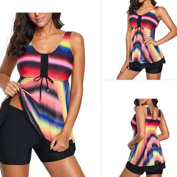 

Womens Two Piece Rainbow Gradient Stripes Tank Top Tankini Set with Boyshort