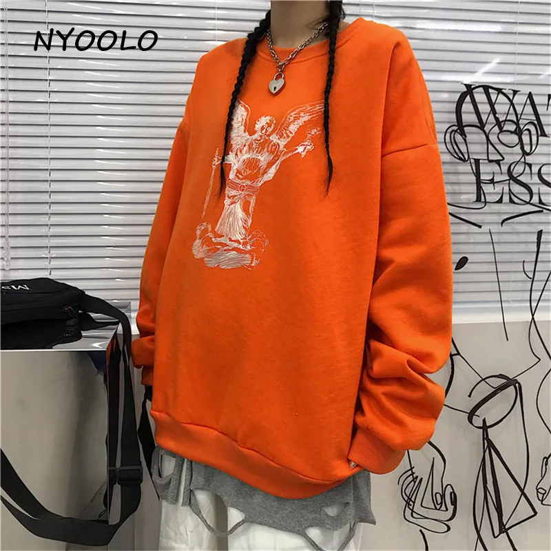 NYOOLO Vintage streetwear portrait print warm hoodies Autumn winter long sleeve O-neck pullovers fleece sweatshirt women men top