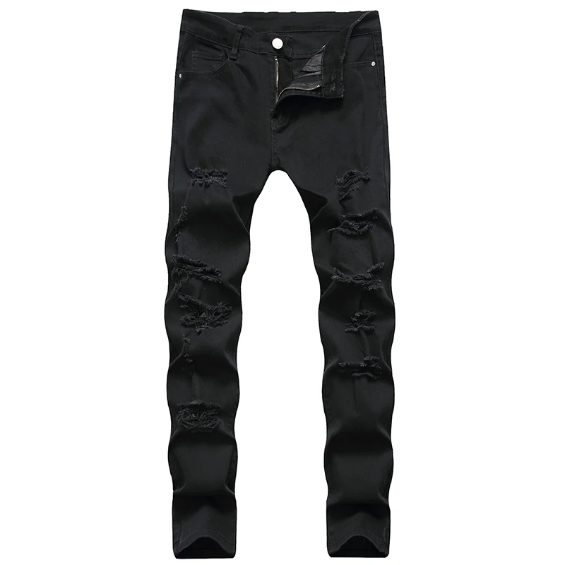 Pantalones vaqueros negros para hombre, diseño de agujeros elásticos, largos de algodón, de marca de alta calidad, gran tamaño, envío directo