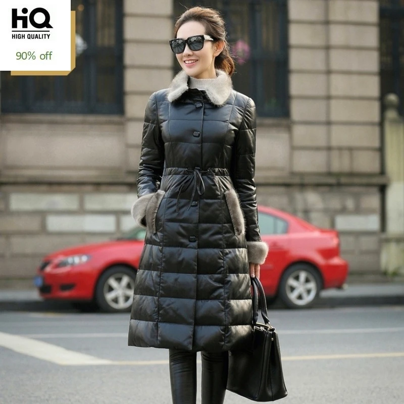 

2020 New Genuine Leather Down Coats Women Top Brand Wool Fur Collar Belt Long Jackets Warm Sheepskin Overcoat Female Plus Size