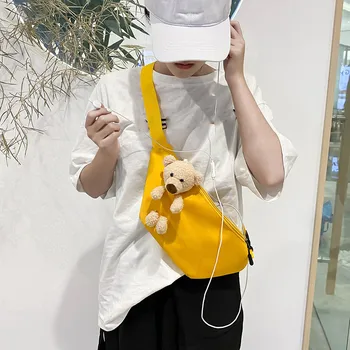 

Transparent Chest Bag With Cute Bear Girls Canvas Crossbody Shoulder Bags Useful Data Cable Cell Phone Waist Pack Women Lady