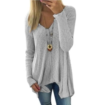 

Lady Casual Autumn Winter Sweater Solid Color Knitted V Neck Long Sleeve Sweater Irregular Loose Pullover Sweater pull femme