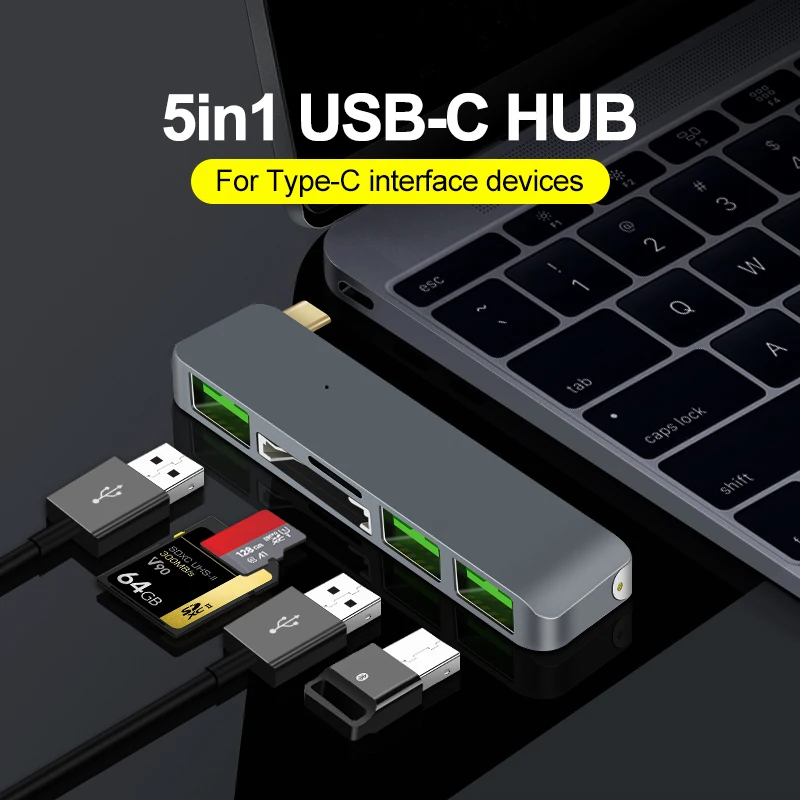 5in1 Multiport USB C Hub, 5 Ports USB Hub, Type C Hub with 3xUSB3.0 SD TF for Macbook, Laptop, more Devices with Type C Port