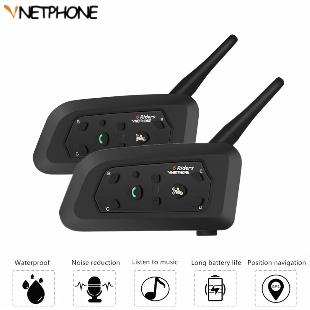 2pcs 2019 V6 Motorcycle Walkie Talkie Bluetooth Helmet Headset For 6 Rider Interphone 1200M Wireless Radio Comunicador Moto MP3