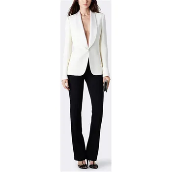 

Ladies Suits Trouser 2 Piece white Jacket + black Pants Suit Formal Business Womens Tailored Suit