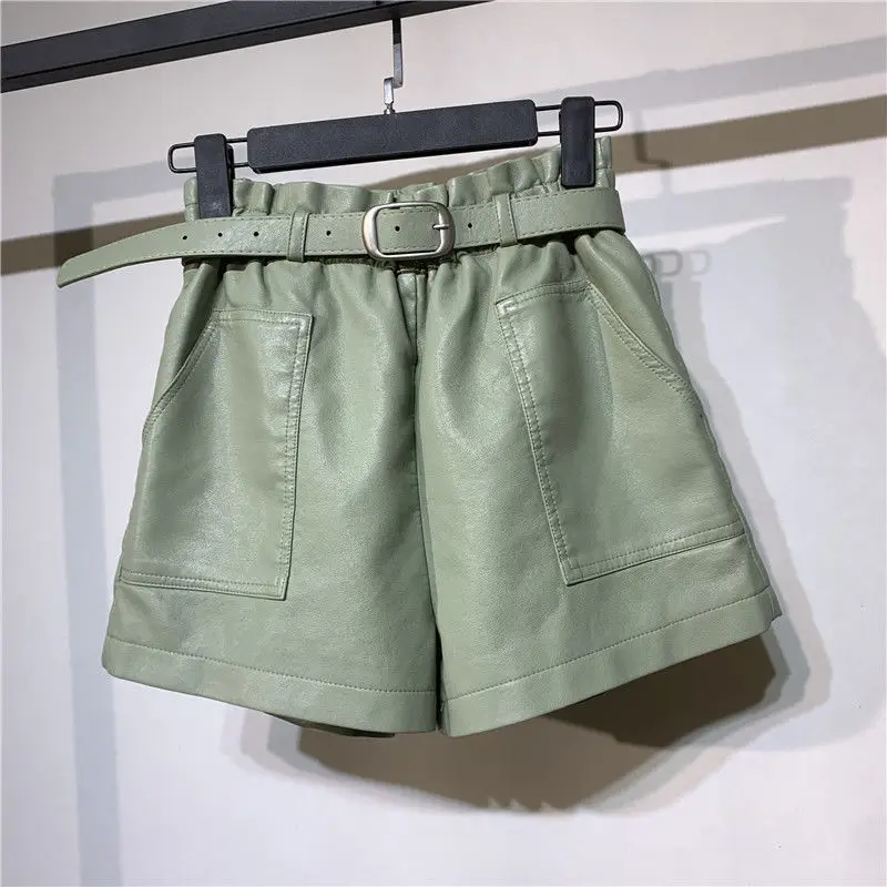 Belt Included Korean Style High Waist Pu Leather Shorts Womens Autumn Winter Booty Shorts