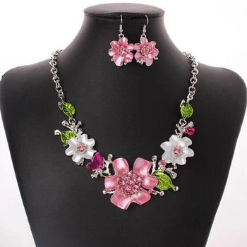 

Fashion Rose Flower Enamel Jewelry Set Flower Gold Color Pink Painting Bridal Jewelry Sets For Women Wedding