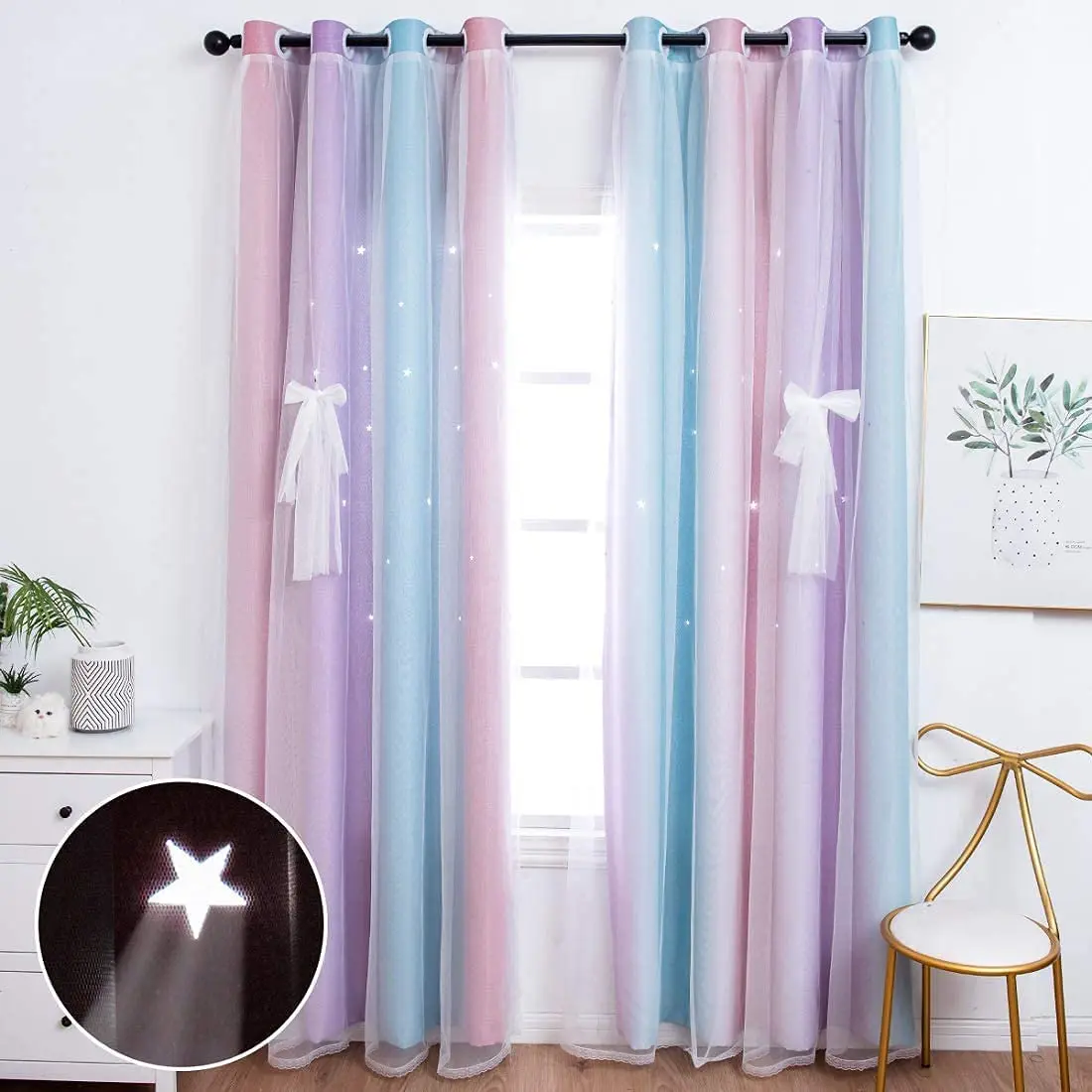 

Star Blackout Curtains for Kids Girls Bedroom Aesthetic Living Room Colorful Double Layer Cut Out Stripe Rainbow Window Curtains