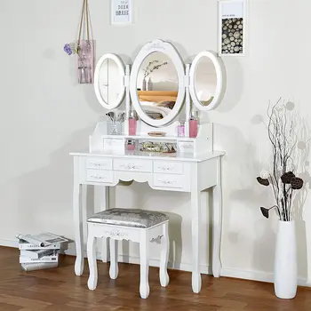 Dressing Table Bedroom Furniture Makeup Mirror Makeup Table in MDF with 7 Drawers and 3 Oval Rotatable Mirrors Stable Feet