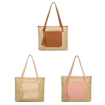 

Fashion Women's Woven Handbag Tassel Beach Straw Bag Lady Casual Shoulder Bag Large Capacity Female Outdoor Travel Shopping Tote