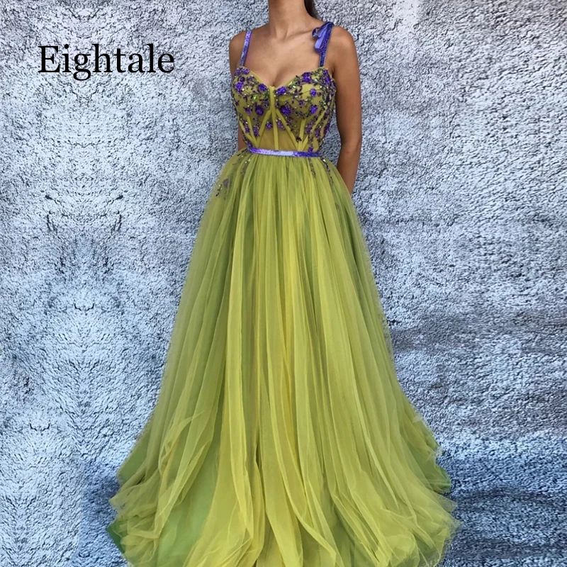 

Arabic Evening Dresses Spaghetti Strap Beading A-Line Flowers Tulle Lime Green Prom Dresses Sweep Train Graduation Party Gowns
