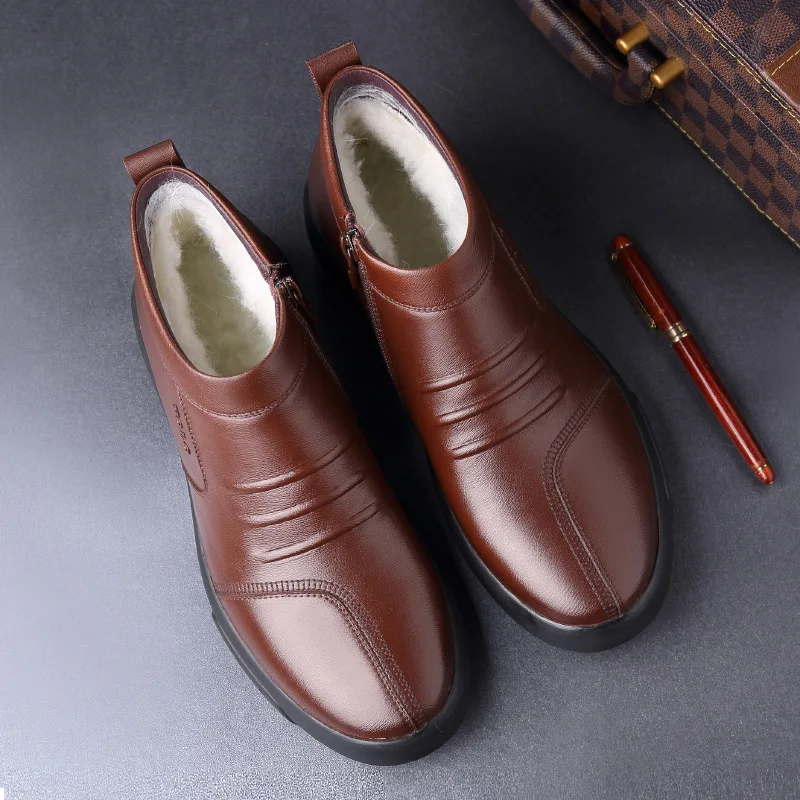 

100% Genuine Leather Shoes Men Chelsea Boots Thick Warm Plush for Cold Winter Mens Ankle Boots Male Leather Boots KA2557