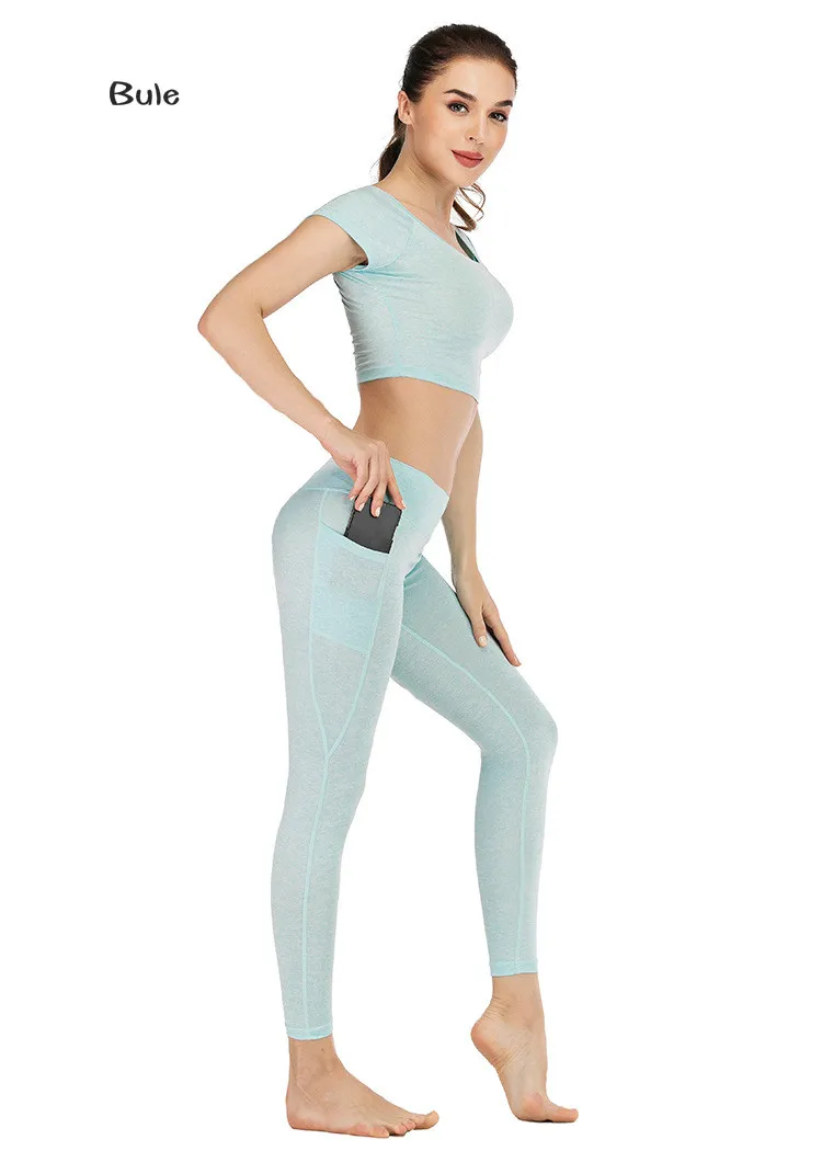 Midriff-baring спортивный костюм для женщин комплект из 2 предметов для йоги футболка+ брюки Быстросохнущий карман дизайн колготки леггинсы Женская спортивная одежда