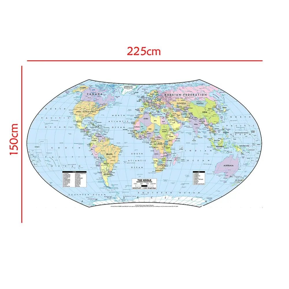 

150x225cm The World Map Hammer Projection Country Map With Capital Vinyl Spray Map