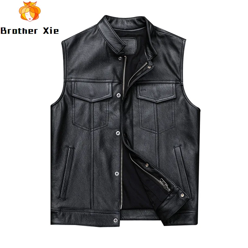 

Men's Real Cowhide Vest Sleeveless Jacket Black Motorcycle Biker Genuine Leather Vest Male R2809