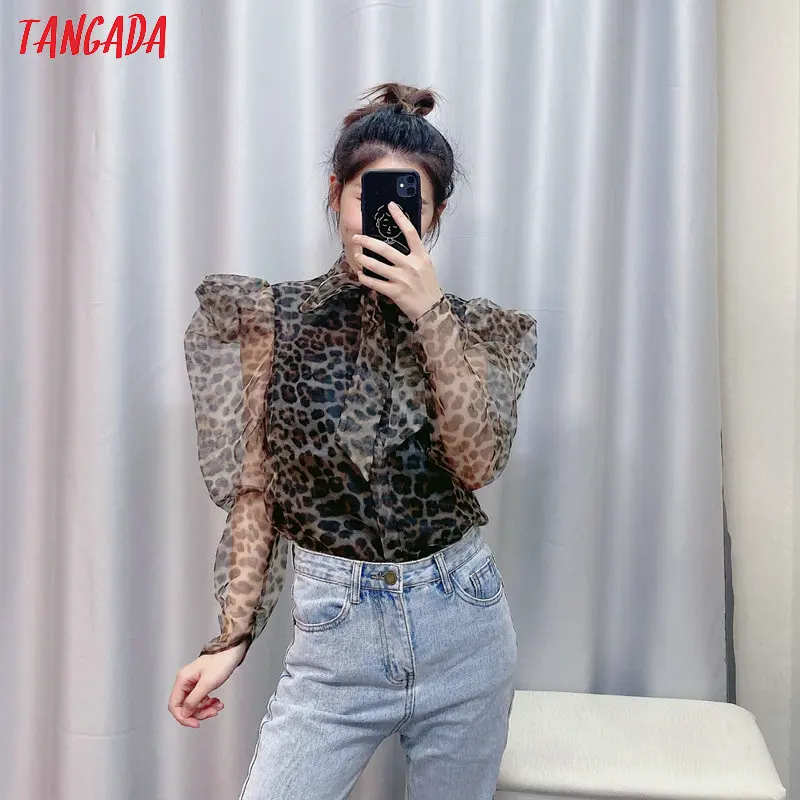 Tangada Женская леопардовая сетчатая Блузка Прозрачная с длинным рукавом и бантом на шее Женские рубашки Стильные женские топы CE150